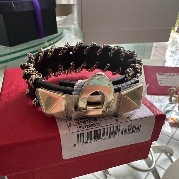Valentino Rockstud  Black Leather whipstitched Chain Bracelet - New, Box, Tags - Picture 1 of 3